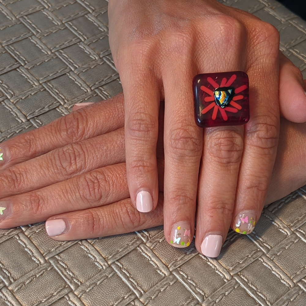 Artisan Handmade large glass statement ring with dichroic glass center